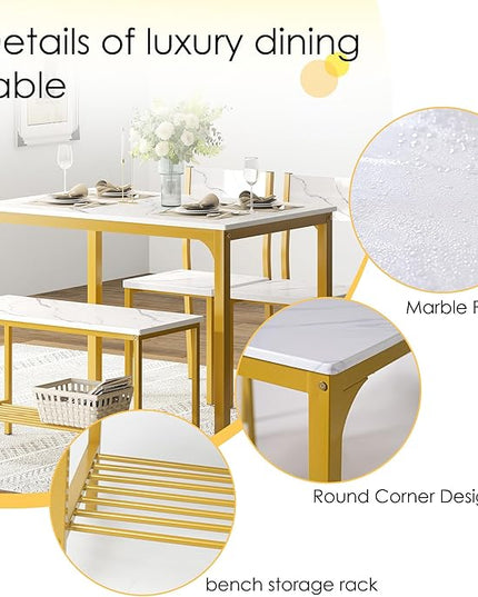 sogesfurniture 4 Piece Dining Table Set, Dining Table Set for 4, Kitchen Dinner Table with Benches for 4, includes Table, 2 Chairs & Bench, White Gold - LeafyLoom