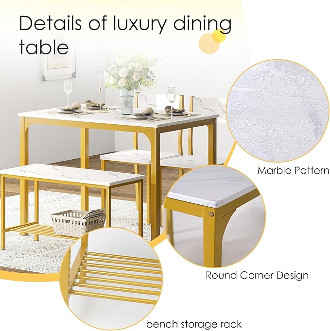 SogesPower Dining Table Set for 4, Kitchen Dining Table Set with 2 Chairs and 1 Bench, 4-Piece Kitchen Table Set for Dining Room Restaurant Small Space, Gold - LeafyLoom