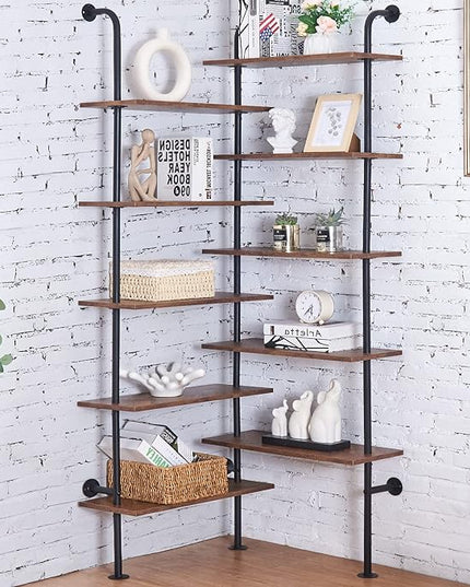 HOMBAZAAR Bookshelf,10-Tier L Shaped, Industrial Double Wide Wall Mount, Modern Bookcase with Metal Frame and Wood, Industrial Corner Pipe Shelf for Living Room and Office, Brown - LeafyLoom