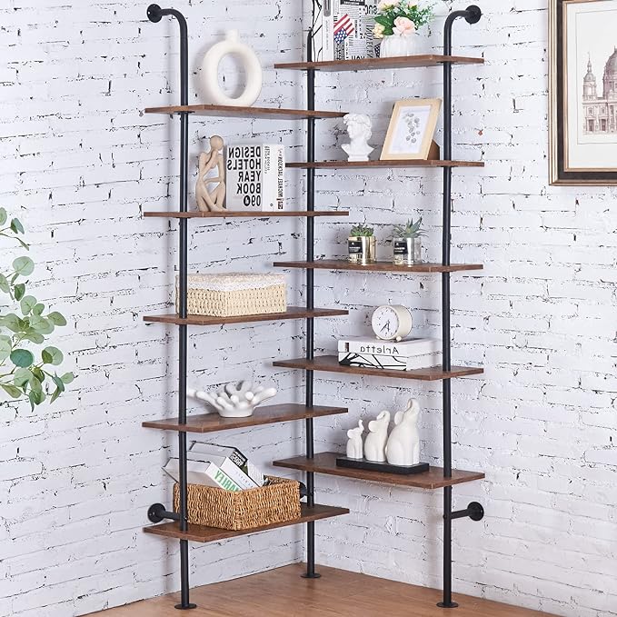 HOMBAZAAR Bookshelf,10-Tier L Shaped, Industrial Double Wide Wall Mount, Modern Bookcase with Metal Frame and Wood, Industrial Corner Pipe Shelf for Living Room and Office, Brown - LeafyLoom