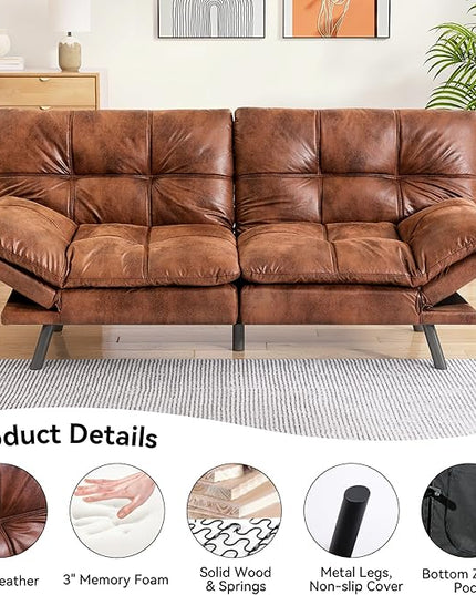 Memory Foam Faux Leather Futon Sofa Bed Couch,Convertible Futon Sofa Couch,Loveseat Sleeper Sofa Bed,Small Splitback Modern Sofa Bed for Living Room,Office,Apartment,Brown - LeafyLoom