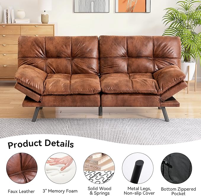 Memory Foam Faux Leather Futon Sofa Bed Couch,Convertible Futon Sofa Couch,Loveseat Sleeper Sofa Bed,Small Splitback Modern Sofa Bed for Living Room,Office,Apartment,Brown - LeafyLoom