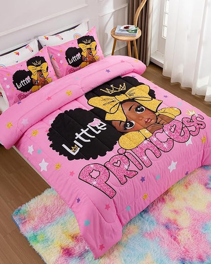 A Nice Night Black Girl Little Princess Comforter Set, Pink 6Pcs Bed in A Bag Full Size Sparkling Stars Bedding Set,for Kids, Girls - LeafyLoom