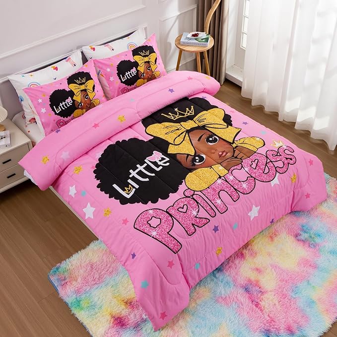 A Nice Night Black Girl Little Princess Comforter Set, Pink 6Pcs Bed in A Bag Twin Size Sparkling Stars Bedding Set,for Kids, Girls - LeafyLoom