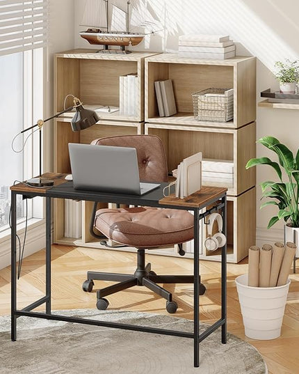HOOBRO Computer Desk, Home Office Desk with Power Outlet, Modern Study Writing Desk with 3 Hooks for Study Room, Home Office, Sturdy and Stable, Easy to Assemble, Rustic Brown and Black BF41UDN01 - LeafyLoom