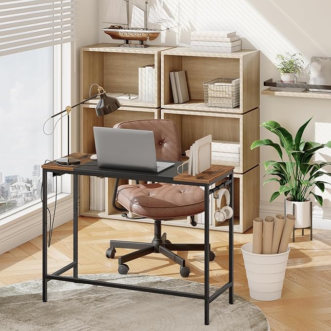 HOOBRO Computer Desk, Home Office Desk with Power Outlet, Modern Study Writing Desk with 3 Hooks for Study Room, Home Office, Sturdy and Stable, Easy to Assemble, Rustic Brown and Black BF41UDN01 - LeafyLoom