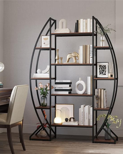 Large Oval Bookshelf, 70“ Tall Open 5 Tier Industrial Bookcases, Modern Etagere Bookcase Furniture, Wall Units for Living Room, Bookshelves Display Shelves for Office - LeafyLoom