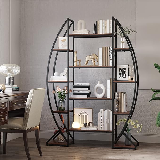 Large Oval Bookshelf, 70“ Tall Open 5 Tier Industrial Bookcases, Modern Etagere Bookcase Furniture, Wall Units for Living Room, Bookshelves Display Shelves for Office - LeafyLoom