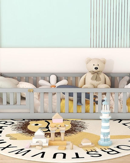 Multifunctional Twin Size Floor Bed with Safety Guardrails and Door, Removable Wood Slats, Montessori Beds Frame for Toddlers, for Boys and Girls, Gray - LeafyLoom