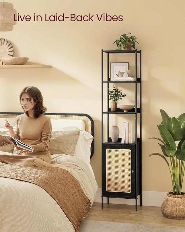 VASAGLE 6-Tier Bookcase, Bookshelf with Rattan-Like Door, Boho Style, Freestanding 15.7-Inch Wide Storage Shelf, Metal Frame, Adjustable Shelf, for Living Room, Ebony Black and Matte Black ULLS122B56 - LeafyLoom