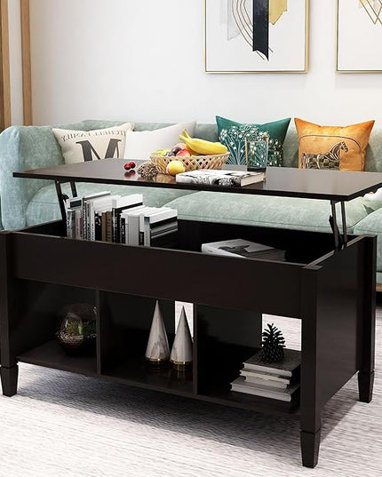 Lift Top Coffee Table, Coffee Table with Open Shelves and Lift Top Design, Modern Center Tables for Living Room, Home, Office, Black - LeafyLoom