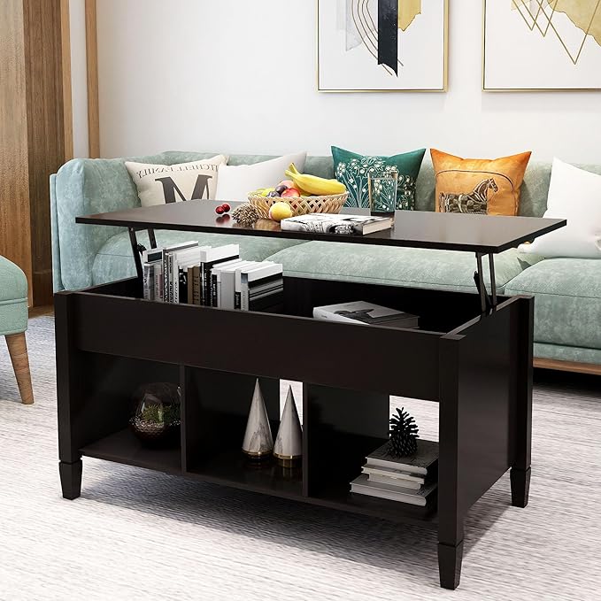 Lift Top Coffee Table, Coffee Table with Open Shelves and Lift Top Design, Modern Center Tables for Living Room, Home, Office, Black - LeafyLoom