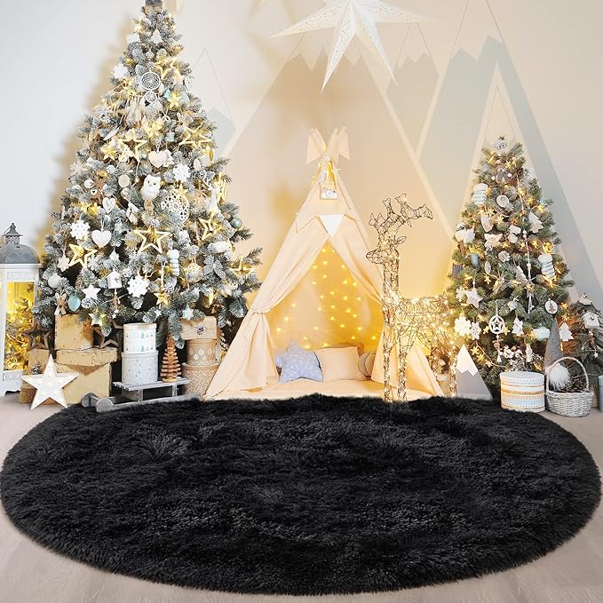 Black Round Rug for Bedroom, Super Fluffy Circle Rugs for Baby Nursery, 5'X5' Feet Furry Carpet for Children Kids Room, Cute Soft Shaggy Rug for Girls Home Decor, Fuzzy Plush Carpets for Dorm - LeafyLoom