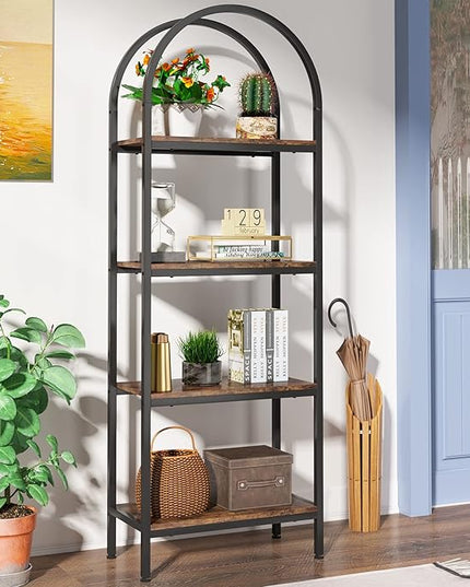 4-tier Arched Bookshelf, Tall Open Bookcase Storage Shelves, Wood Metal Freestanding Display Rack Tall Shelving Unit for Home Office, Bedroom, Living Room, Rustic Brown - LeafyLoom