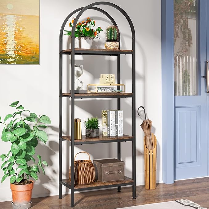4-tier Arched Bookshelf, Tall Open Bookcase Storage Shelves, Wood Metal Freestanding Display Rack Tall Shelving Unit for Home Office, Bedroom, Living Room, Rustic Brown - LeafyLoom