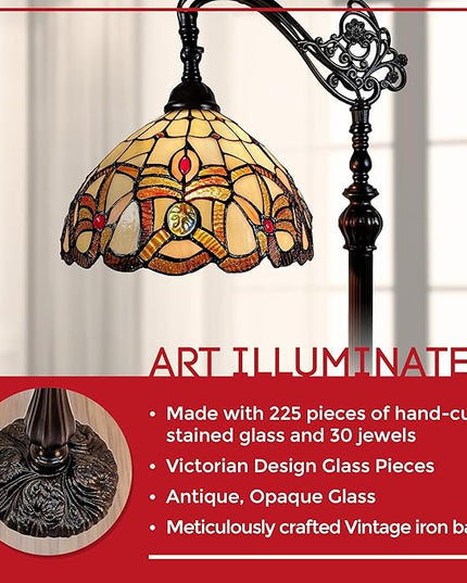 Amora Tiffany Style Floor Lamp Arched 62" Tall Stained Glass Tan Yellow Brown Antique Vintage Light Decor Bedroom Living Room Reading Gift AM272FL11B Lighting - LeafyLoom