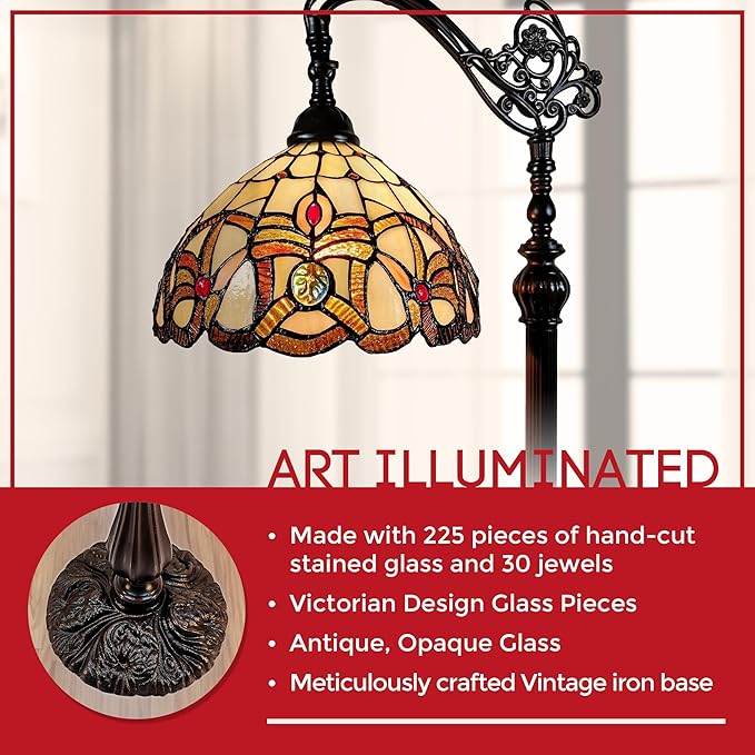 Amora Tiffany Style Floor Lamp Arched 62" Tall Stained Glass Tan Yellow Brown Antique Vintage Light Decor Bedroom Living Room Reading Gift AM272FL11B Lighting - LeafyLoom