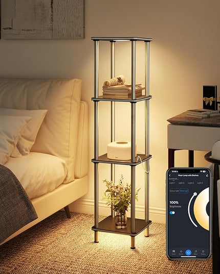 Kekeou RGBCW Floor Lamp with Shelves Tall Lamp Music Sync APP Control Standing Lamp with Wireless Charger & USB Port Color Changing Lamp with Shelves Work with Alexa Black 4 Tier - LeafyLoom