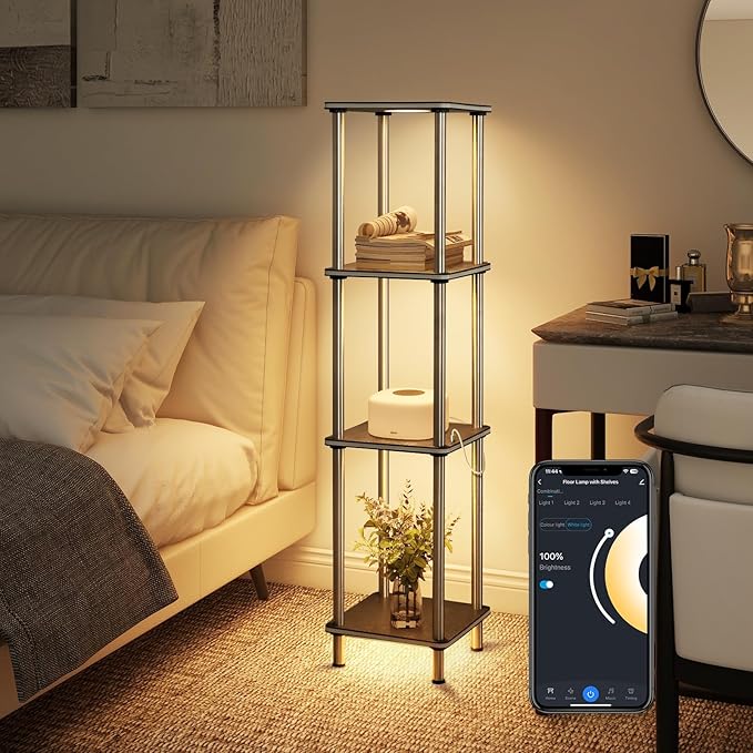 Kekeou RGBCW Floor Lamp with Shelves Tall Lamp Music Sync APP Control Standing Lamp with Wireless Charger & USB Port Color Changing Lamp with Shelves Work with Alexa Black 4 Tier - LeafyLoom