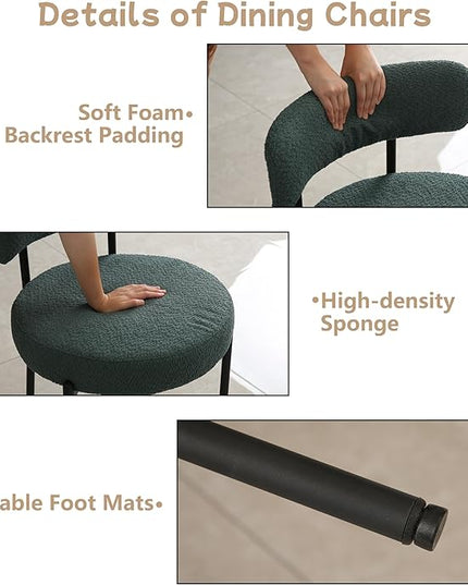 Dark Green Dining Chairs Set of 4 Round Upholstered Boucle Dining Room Chairs Mid-Century Modern Kitchen Chairs Curved Backrest Chairs for Dining Room Black Metal Legs - LeafyLoom