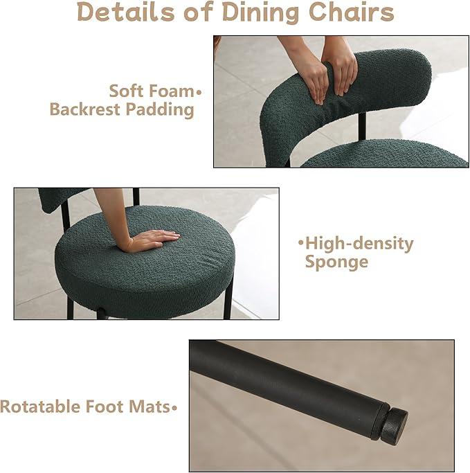 Dark Green Dining Chairs Set of 4 Round Upholstered Boucle Dining Room Chairs Mid-Century Modern Kitchen Chairs Curved Backrest Chairs for Dining Room Black Metal Legs - LeafyLoom