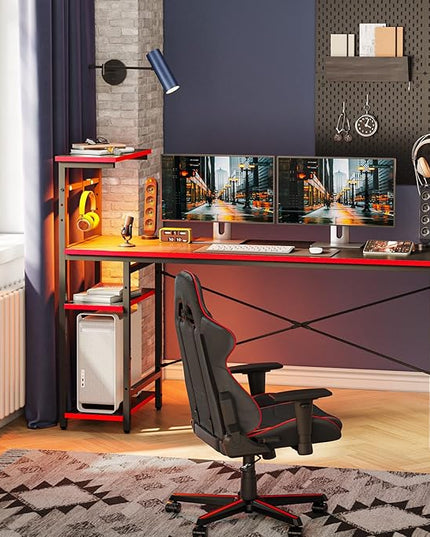 Bestier 61 Inch Gaming Desk with LED Lights, Reversible Shelves, Height Adjustable Shelf, Steel Frame, CARB P2 Class Board, Black Grained - LeafyLoom
