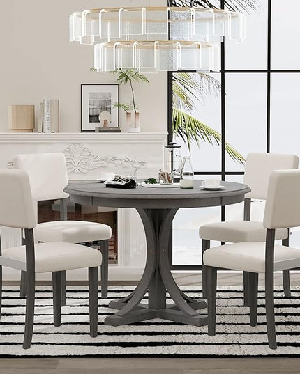NicBex Kitchen Table Chairs Set of 4 Dining Table Set 5-Piece Retro Round Dining Table Set with Curved Trestle Style Table Legs and 4 Upholstered Chairs for Dining Room, Dark Gray - LeafyLoom