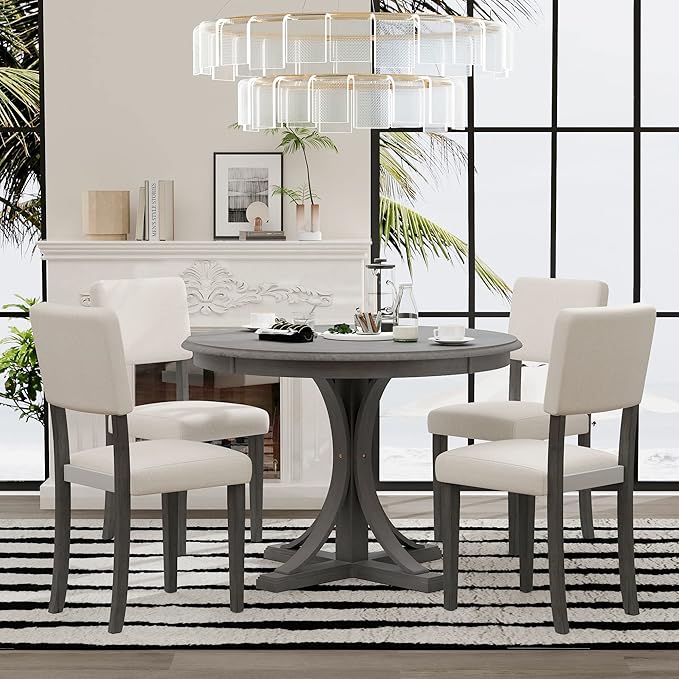 NicBex Kitchen Table Chairs Set of 4 Dining Table Set 5-Piece Retro Round Dining Table Set with Curved Trestle Style Table Legs and 4 Upholstered Chairs for Dining Room, Dark Gray - LeafyLoom