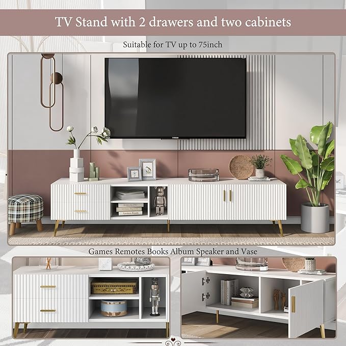 71 Inch TV Stand, Modern Television Stands with Drawers, Cabinets and Open Shelf, Entertainment Center with 5 Champagne Legs for Living Room and Bedroom, White+Gold - LeafyLoom