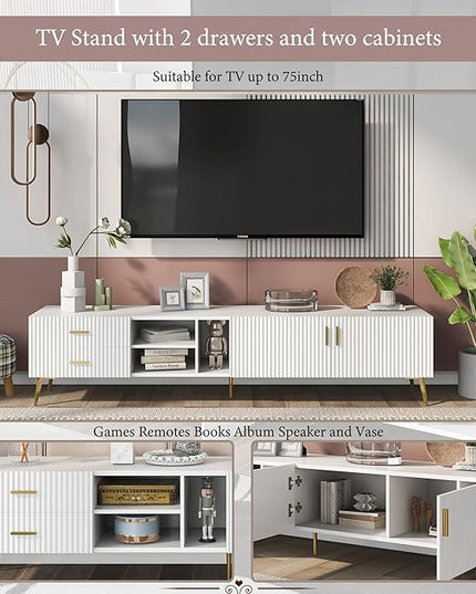NicBex TV Stand for 75+ Inch TV Modern TV Media Console Table with 5 Champagne Legs and Versatile Storage,Entertainment Center with Storage for Living Room,Bedroom,70.9 Inch,White - LeafyLoom