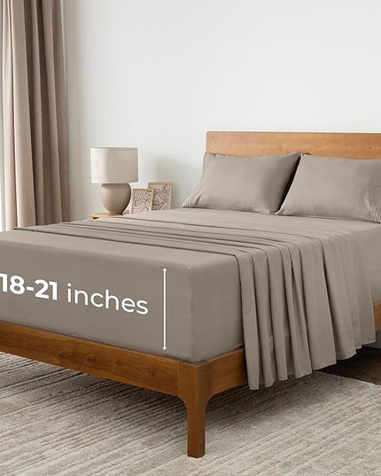 Mellanni Extra Deep Queen Sheets - 4 PC Iconic Collection Bedding Sheets & Pillowcases - Hotel Luxury, Ultra Soft, Cooling Bed Sheets - Extra Deep Pocket up to 21 inch (Queen, Tan) - LeafyLoom