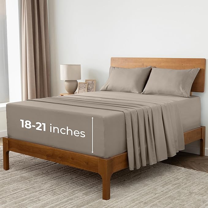 Mellanni Extra Deep Split King Sheets - 5 PC Iconic Collection Bedding Sheets & Pillowcases - Hotel Luxury, Ultra Soft, Cooling Bed Sheets - Extra Deep Pocket up to 21 inch (Split King, Tan) - LeafyLoom
