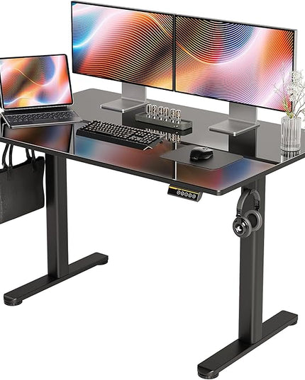 Glass Standing Desk, Electric Standing Desk Adjustable Height, 48 Inch Adjustable Stand Up Desk, Quick Install Home Office Computer Desk, Black - LeafyLoom