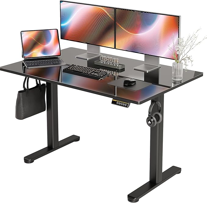 Glass Standing Desk, Electric Standing Desk Adjustable Height, 48 Inch Adjustable Stand Up Desk, Quick Install Home Office Computer Desk, Black - LeafyLoom