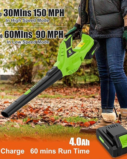 Leaf Blower Cordless,4.0Ah 21V Handheld Electric Leaf Blower with Battery and Charger, 2 Speed Mode, Lightweight Battery Powered Blowers for Lawn Care, Patio, Yard, Sidewalk,Snow Blowing - LeafyLoom