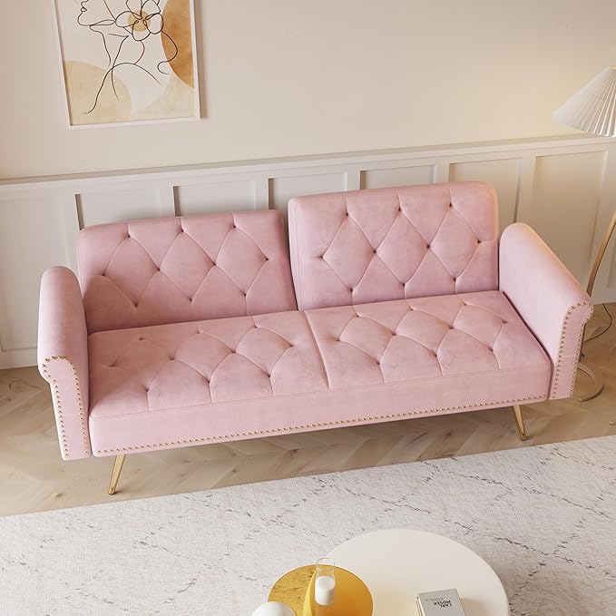 NicBex Sectional Couch Sofa with Throw Pillows Velvet Sofa Bed Cloud Couch for Living Room Furniture Sets with Metal Legs, Modular Sofa for Living Room, Bedroom, Apartment,67.7" L, Pink - LeafyLoom