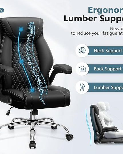 Office Chair, Ergonomic High Back Home Office Desk Chair, Big and Tall Breathable Leather Office Chair with Lumbar Support Flip-Up Armrests, Computer Chair with Rocking Function - LeafyLoom