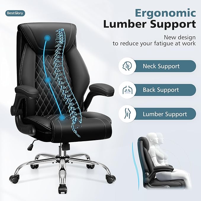 Office Chair, Ergonomic High Back Home Office Desk Chair, Big and Tall Breathable Leather Office Chair with Lumbar Support Flip-Up Armrests, Computer Chair with Rocking Function - LeafyLoom