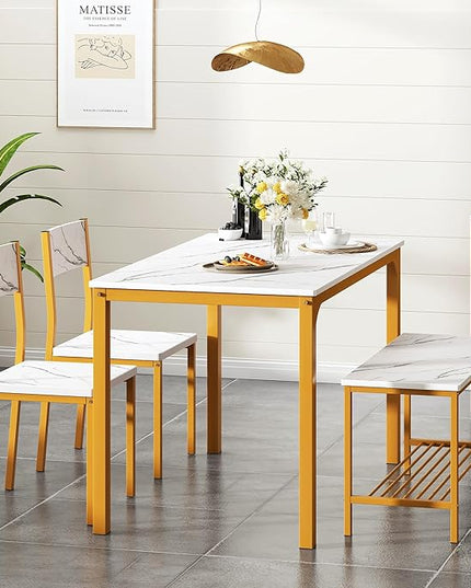 SogesHome 4 Piece Kitchen Dining Table Set for 4, Kitchen Table Bench Chairs Setfor 4, Space-Saving Table Set for Restaurant, Coffee Shop, Golden - LeafyLoom