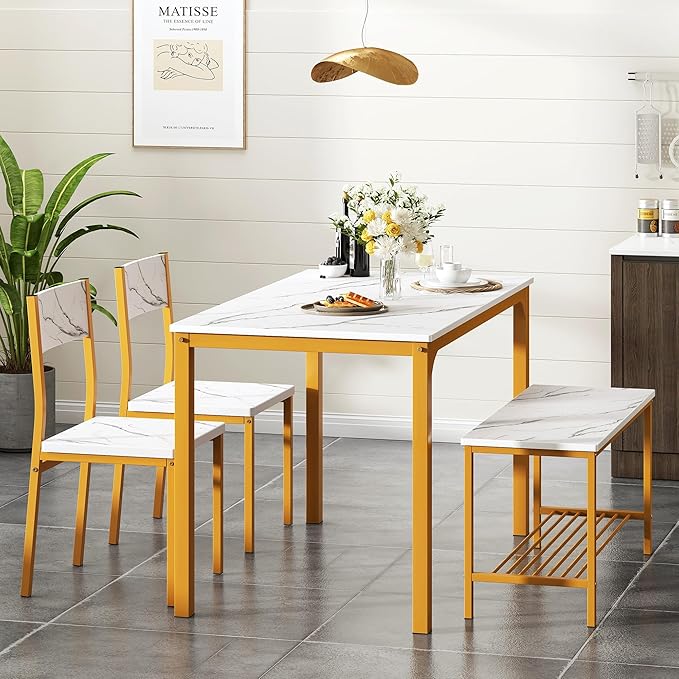 SogesHome 4 Piece Kitchen Dining Table Set for 4, Kitchen Table Bench Chairs Setfor 4, Space-Saving Table Set for Restaurant, Coffee Shop, Golden - LeafyLoom