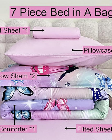 Girls Butterfly Comforter Set Bed in A Bag Twin Size 7 Piece 3D Purple Bedding Comforter Bed Set with Pillow Shams, Flat Sheet, Fitted Sheet, Pillowcases All Season - LeafyLoom