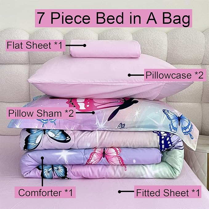 Girls Butterfly Comforter Set Bed in A Bag Full Size 7 Piece 3D Purple Bedding Comforter Bed Set with Pillow Shams, Flat Sheet, Fitted Sheet, Pillowcases All Season - LeafyLoom