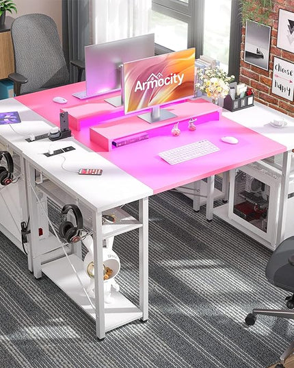 armocity Computer Desk with LED Lights, 48 Inch Desk with Power Outlet and USB, Reversible Large Desk with Moveable Monitor Stand, 48'' Gaming PC Table for Home Office, Workstation, Pink and White - LeafyLoom