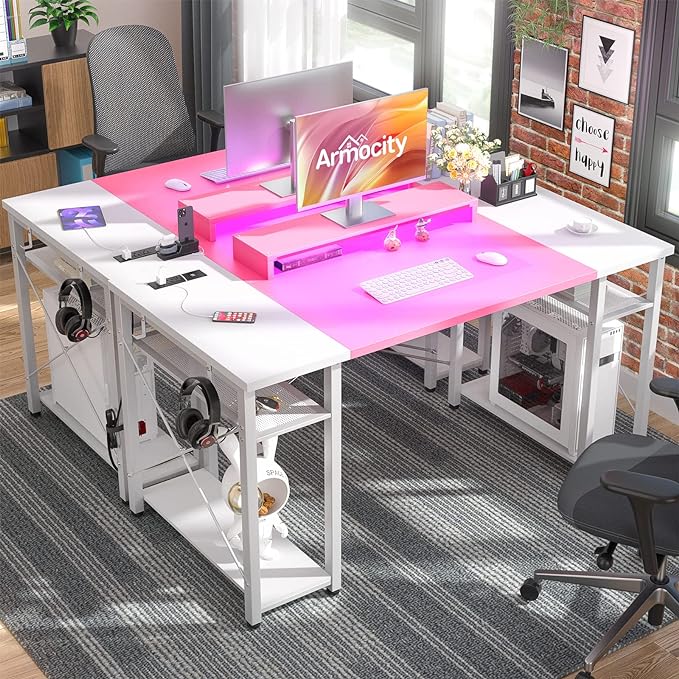 armocity Computer Desk with LED Lights, 55 Inch Desk with Power Outlet and USB, Reversible Large Desk with Moveable Monitor Stand, 55.2'' Gaming PC Table for Home Office, Workstation, Pink and White - LeafyLoom