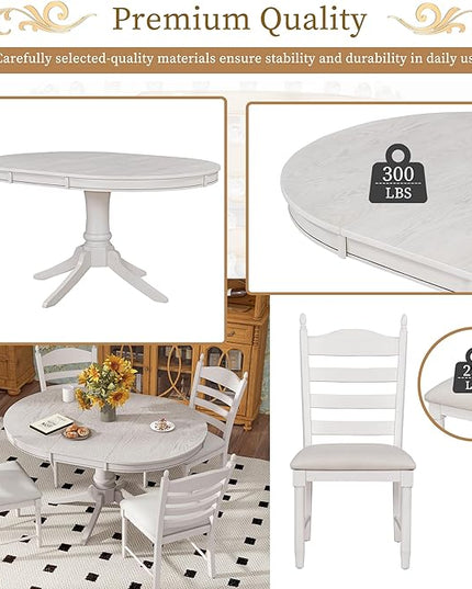NicBex Round Dining Table Kitchen & Dining Room Tables 5-Piece Retro Functional Dining Table Set Wood Round Extendable Dining Table and 4 Upholstered Dining Chairs, Antique White - LeafyLoom