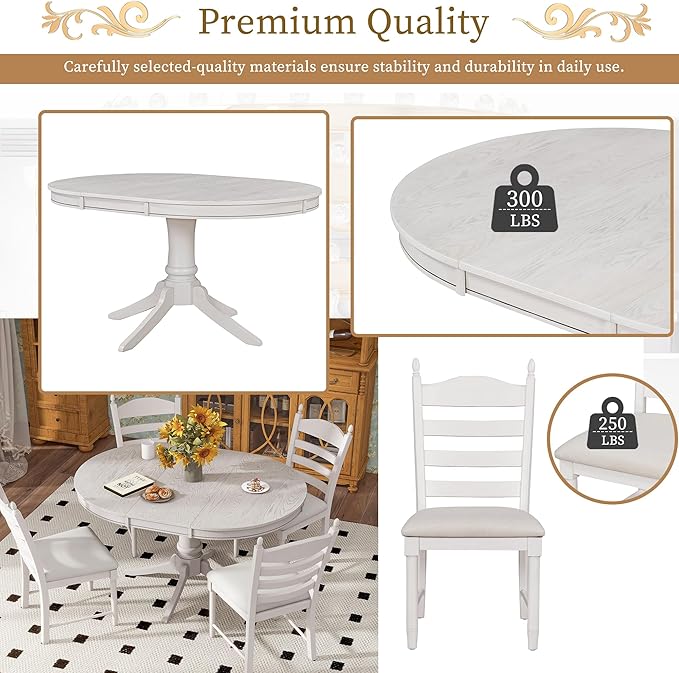 5 Pieces Kitchen & Dining 4 with Round Extendable Table and Four Upholstered Chairs, Retro Rustic Style Home Furniture Tαble Sets Breakfast Corner for Small Spaces, Living Room, Antique White - LeafyLoom