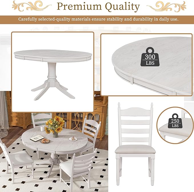 5-Piece Vintage Round Wood Extendable Dining, Kitchen Table Set with 4 Cushioned Chairs, Charming Antique White, Onesize - LeafyLoom