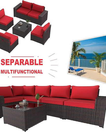 Kullavik 6PCS Outdoor Patio Furniture Set PE Wicker Rattan Sectional Sofa Patio Conversation Sets,Red - LeafyLoom