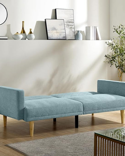 Folding Futon Sofa Tapered Wood Legs,Modern Space Saving Couch,Easily Converts to Single Bed,Easy Assembly,Multi-Functional Loveseat Ideal for Small Home Living Room,Blue, 76" - LeafyLoom