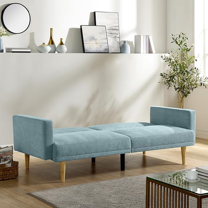 Folding Futon Sofa Tapered Wood Legs,Modern Space Saving Couch,Easily Converts to Single Bed,Easy Assembly,Multi-Functional Loveseat Ideal for Small Home Living Room,Blue, 76" - LeafyLoom
